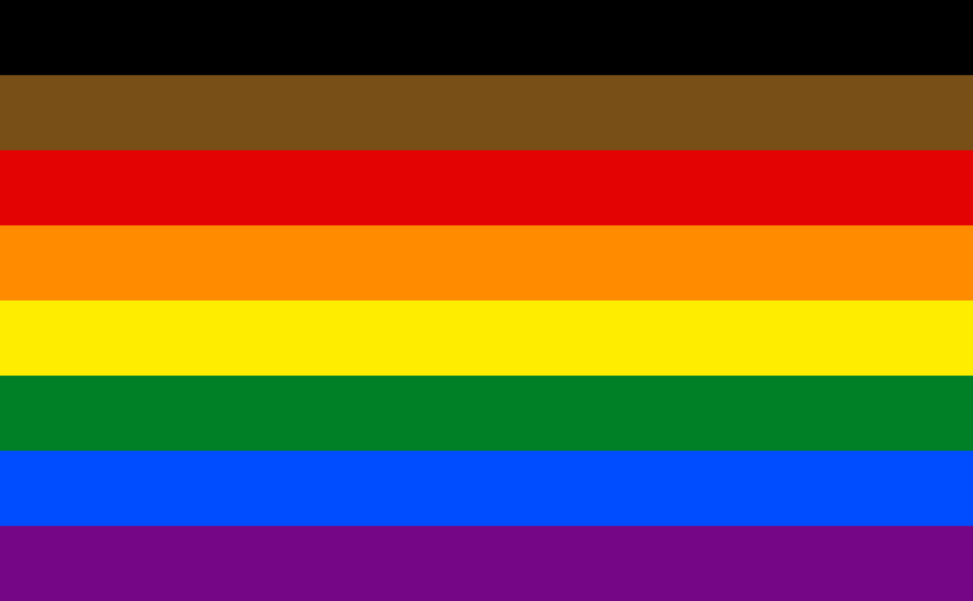A pride flag. It has 8 stripes: in order, black, brown, red, orange, yellow, green, blue, and purple.