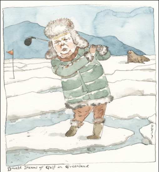 Cartoon of Donald Trump dressed in a winter hat, coat, and boots, golfing in the snow and ice.