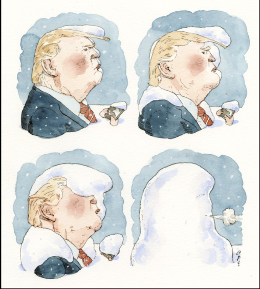 Four part image showing Donald Trump gradually getting more snow on his face as his focus never leaves his phone.