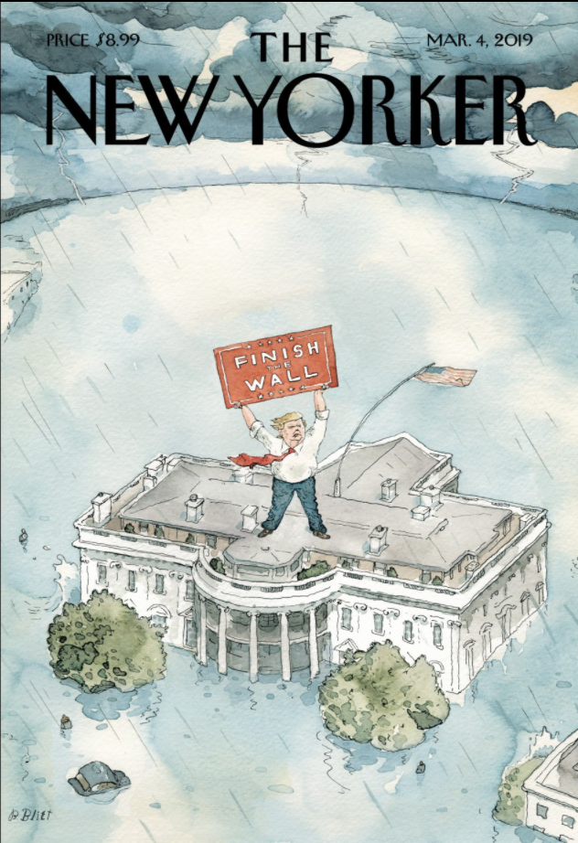 Trump standing on top of the White House during a thunderstorm and intense flood holding a sign that reads \