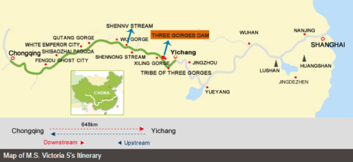 Image of itinerary of stops along the Yangtze River for M.S. Victoria 5 Cruise Ship.