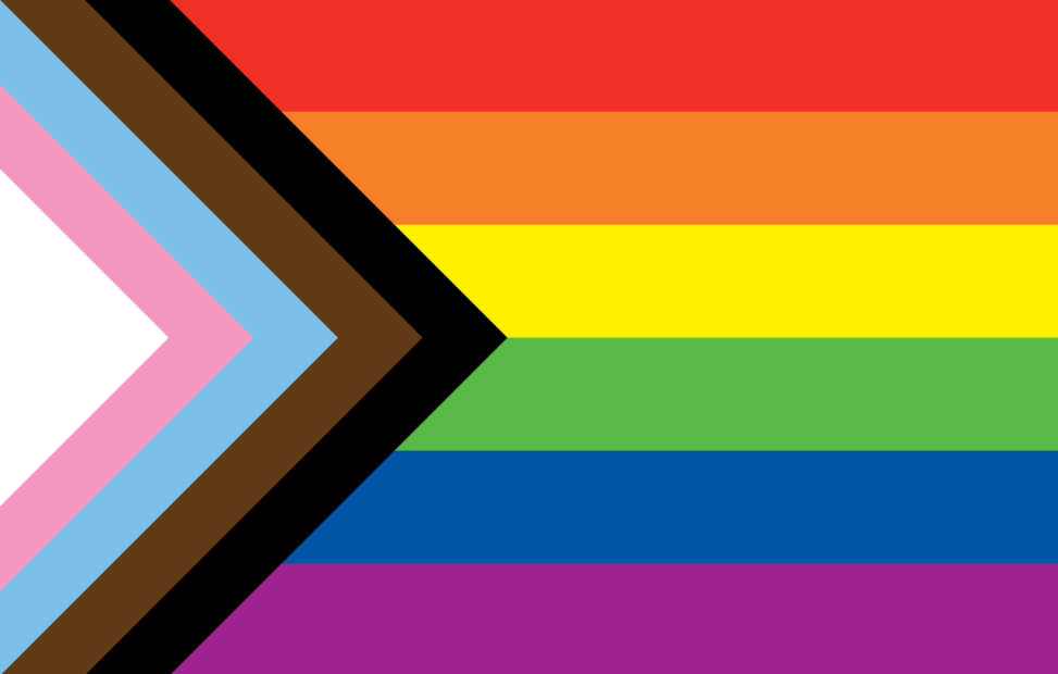 A pride flag. It has 6 stripes and a chevron: the stripes are red, orange, yellow, green, blue, and purple. The chevron (from left to right) is white, pink, light blue, brown, and black.