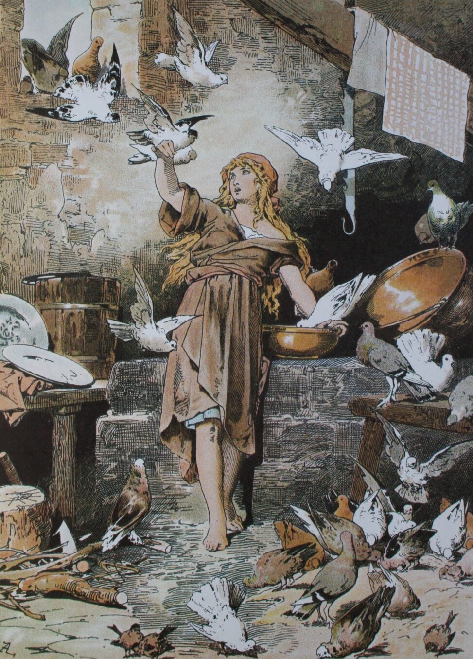 Cinderella surrounded by the doves that punished her stepsisters