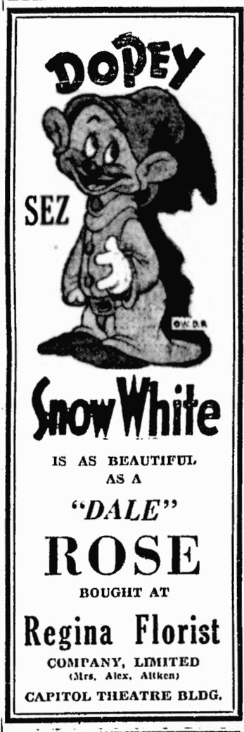 Florist Advertisement on March 21, 1938 edition of The Leader-Post of Snow White\'s Dopey